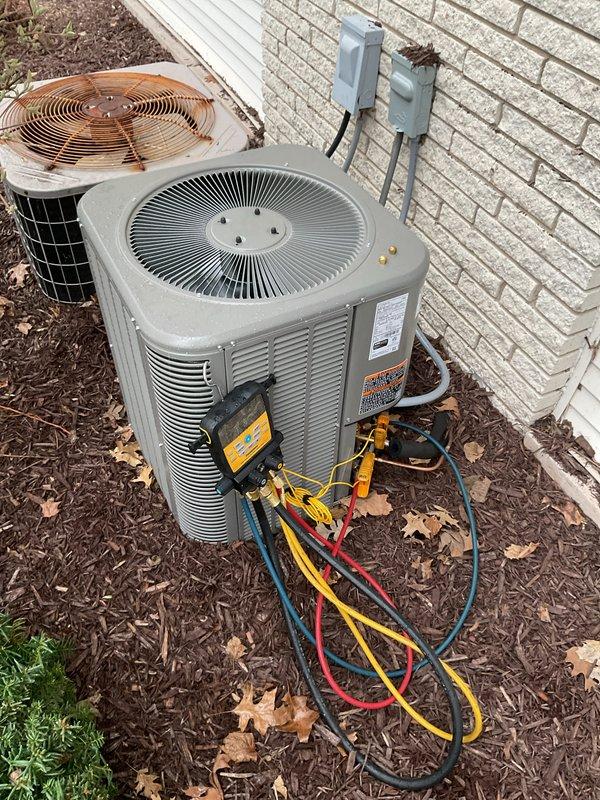 Performed AC startup service on newly installed air conditioning system at Unit 8. Verified system operation by checking refrigerant pressures and subcool measurements using manifold gauges, confirming all readings within manufacturer specifications. System operating properly with no issues detected.