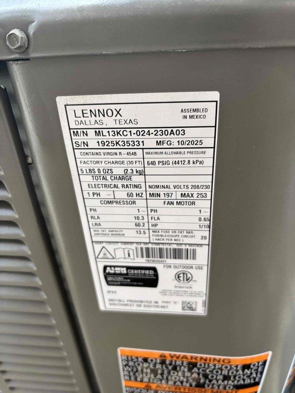 Completed full system replacement including furnace and air conditioning units at residential property. Installed new Lennox ML13KC1-024-230A03 condenser unit (manufactured 10/2025) with R-454B refrigerant on exterior concrete pad. Flushed existing lineset, reconnected refrigerant lines, performed pressure test and evacuation to manufacturer specifications. Reconnected gas supply, venting system, and electrical connections to code. Installed new condensate drain lines and programmed new thermostat for system operation. Conducted startup procedures and operational testing of complete HVAC system with all parameters within normal operating range.
