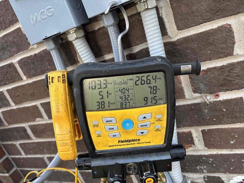 Completed startup service on Unit #5 following furnace and AC system replacement. Reconnected lineset, performed pressure test and evacuation, opened refrigerant valves, and reconnected gas, vent, and electrical connections. Ran new drain lines, installed new thermostat, and verified all system operations tested within normal parameters.