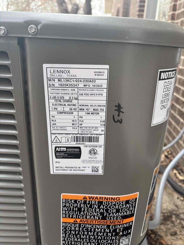 Performed seasonal startup on Lennox ML13KC1-024-230A03 air conditioning unit #3. Verified system operation and confirmed proper temperature differential across evaporator coil, measuring 64.2°F return air and 43.1°F supply air, indicating approximately 21°F split within acceptable range. Unit operating normally with R-410A refrigerant charge at manufacturer specifications of 5 lbs 8 oz.
