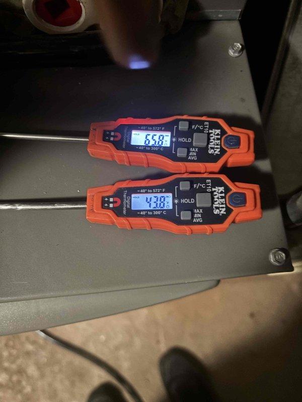 Performed start-up service on Unit #8 following complete furnace and AC system replacement. Reconnected existing lineset, performed pressure test and evacuation, then opened refrigerant valves to charge system. Reconnected all ductwork, gas line, venting, and electrical connections, ran new condensate drain lines, and installed new thermostat. Verified system operation with temperature readings showing proper split of 33.8°F supply and 42.8°F return air temperatures, confirming adequate cooling performance and successful system commissioning.