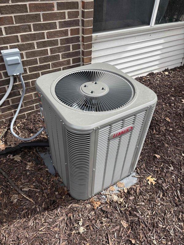 Performed start-up service on Unit #8 following complete furnace and AC system replacement. Reconnected existing lineset, performed pressure test and evacuation, then opened refrigerant valves to charge system. Reconnected all ductwork, gas line, venting, and electrical connections, ran new condensate drain lines, and installed new thermostat. Verified system operation with temperature readings showing proper split of 33.8°F supply and 42.8°F return air temperatures, confirming adequate cooling performance and successful system commissioning.