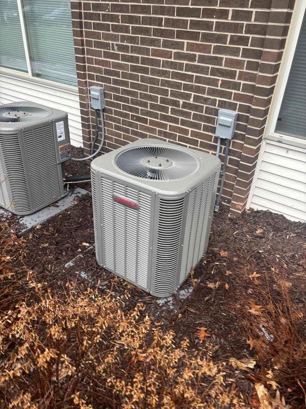 Completed air conditioning start-up service for Unit 5 following recent furnace and AC system replacement. Reconnected and pressure tested lineset, performed evacuation, and opened refrigerant valves. Reconnected all metal ductwork, gas lines, venting, and electrical connections. Installed new drain lines and thermostat. Verified system operation with temperature readings of 170°F and 192°F at supply registers, confirming proper heating functionality. All equipment tested and operating within normal parameters.