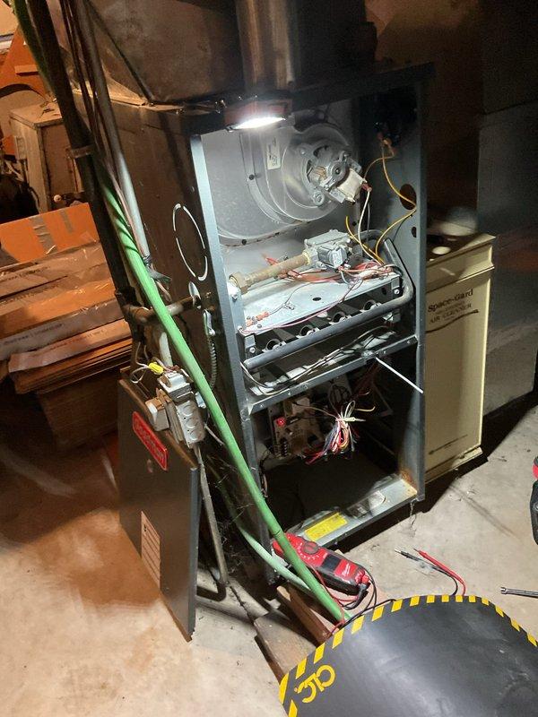 Responded to no heat call on residential furnace system. Upon arrival, confirmed system was not operating and homeowner reported heat cut out that morning with no prior warning. Performed diagnostic evaluation of furnace and control system to identify cause of failure.

Troubleshooting revealed faulty thermostat preventing proper communication between control and heating equipment. Further inspection identified defective thermostat backplate contributing to system malfunction. Removed failed thermostat and damaged backplate from wall mounting location.

Installed new thermostat and new backplate, ensuring proper wire connections and secure mounting. Verified all low-voltage wiring connections were correct and secure at both thermostat and furnace terminal points. Powered system back on and tested thermostat functionality through multiple heating cycles.

Confirmed furnace ignition sequence operated correctly, burners lit properly, and blower motor engaged as designed. Verified adequate