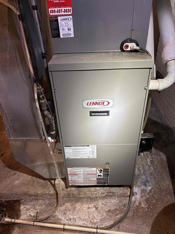 Responded to no heat call on Lennox furnace. Upon arrival, found furnace blower motor operating but unit not producing heat. Diagnosed faulty thermostat preventing proper heating cycle initiation. Removed and replaced defective thermostat with new unit, restored proper system operation, and verified furnace now heating correctly.