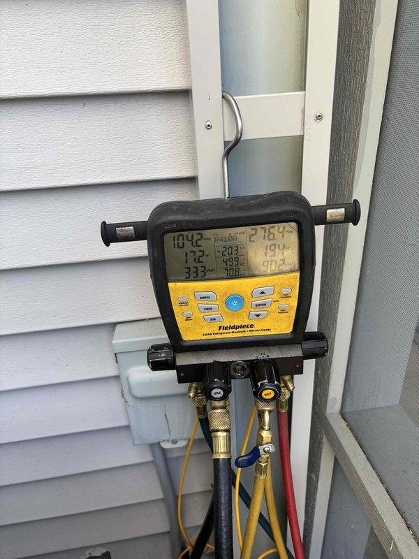 Completed prepaid cooling maintenance visit on Goodman outdoor condensing unit. Performed standard seasonal maintenance inspection and testing procedures. Connected diagnostic manifold gauges to measure system pressures and temperatures across the refrigerant circuit. Recorded operating parameters including suction and discharge pressures, subcooling, and superheat values to verify proper refrigerant charge and system performance. Unit operating within normal specifications at time of service. Condensing unit exterior showed typical weathering with accumulated dirt and debris on coil surfaces and cabinet. Documented equipment condition and system readings with photos for service records.