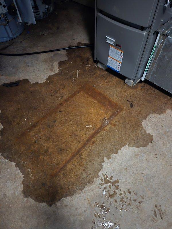 Responded to callback for recurring system leak at apartment unit #3. Upon arrival, found significant water accumulation on concrete floor beneath HVAC equipment, with extensive rust-colored staining indicating ongoing moisture issue. Documented active leak condition with photographs showing water damage pattern and affected Lennox furnace/air handler unit. System requires further diagnostic work to identify and repair leak source.