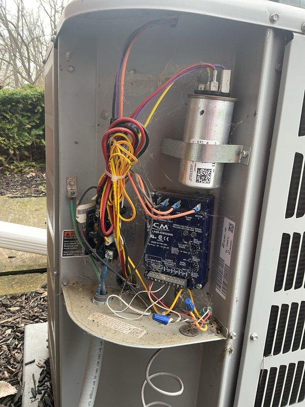 Responded to no-cooling call at commercial salon location. Upon arrival, accessed outdoor condensing unit and indoor control panel to diagnose system failure. Inspected electrical components including capacitor, contactor, and control board connections. Verified all wire terminations at capacitor, contactor, and circuit board were secure and properly seated. Checked voltage supply and control circuit functionality. System restored to normal operation with cooling confirmed at thermostat.