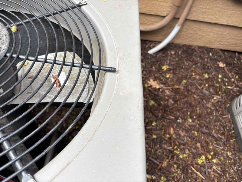 Responded to no-cooling complaint for upstairs air conditioning system. Upon inspection, identified hail damage to outdoor condenser unit causing operational failure. Assessed condenser fan assembly and housing for impact damage. Successfully completed repairs to restore cooling function. Unit tested and verified operational following repair completion.