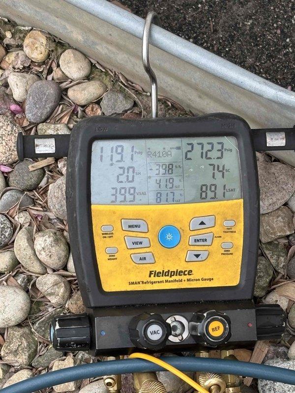 Completed seasonal air conditioning maintenance inspection and cleaning. Performed temperature differential measurements across the system using digital thermometers, verified refrigerant pressures and system performance using manifold gauges with micron measurement capability. All system parameters found within normal operating specifications with no deficiencies noted.