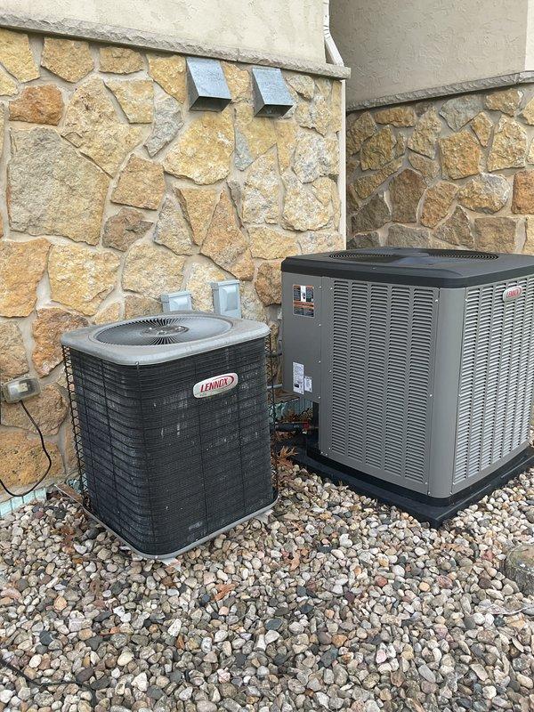 Performed preventative maintenance and inspection on dual outdoor HVAC system consisting of Lennox air conditioning condenser and secondary heat pump unit. Completed standard tune-up procedures including visual inspection of both units, verified proper clearances and mounting, inspected electrical connections and refrigerant lines, and confirmed operational status of both systems. Additionally, addressed customer requests to unlock outdoor bathroom access and inspect downstairs toilet for proper operation.