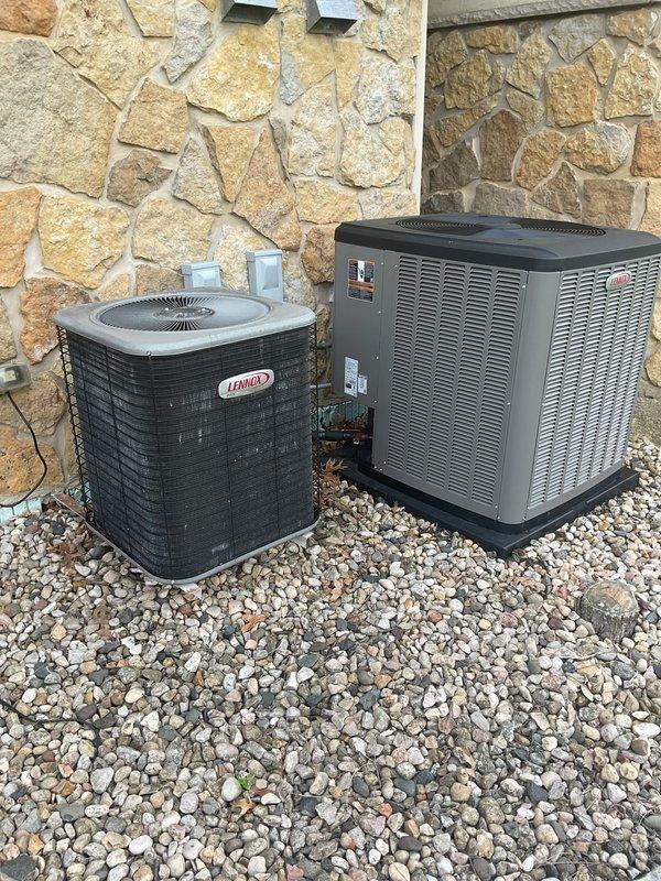 Performed preventative maintenance and inspection on dual outdoor HVAC system consisting of Lennox air conditioning condenser and secondary heat pump unit. Completed standard tune-up procedures including visual inspection of both units, verified proper clearances and mounting, inspected electrical connections and refrigerant lines, and confirmed operational status of both systems. Additionally, addressed customer requests to unlock outdoor bathroom access and inspect downstairs toilet for proper operation.