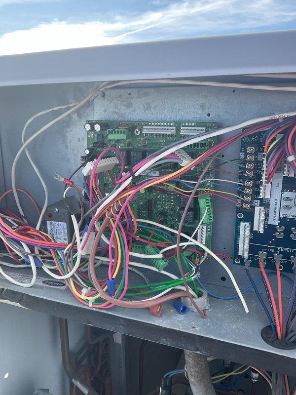 Responded to service call for rooftop unit RTU6 experiencing operational issues. Installed new air filters throughout the system as requested. Performed diagnostic inspection of unit controls and blower motor assembly, identifying wiring concerns and potential blower motor failure. Documented existing conditions of control panel wiring and circuit boards. Coordinated with parts supplier regarding blower motor replacement availability for future repair if needed.