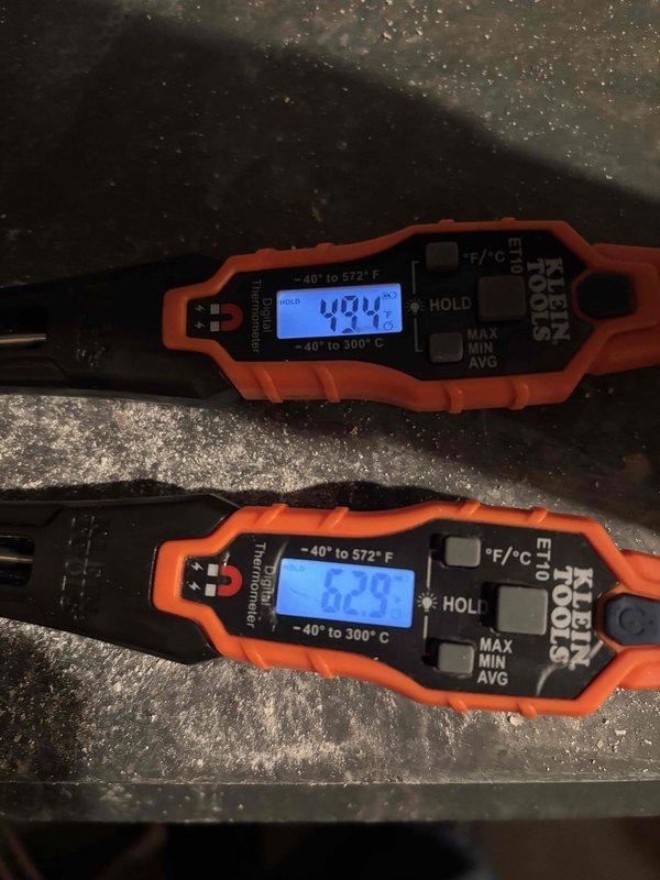 Completed air conditioning check and clean maintenance service on residential cooling system. Unit operational and performing within normal parameters with supply air temperature reading 42.4°F and return air temperature 62.9°F, indicating proper cooling differential. No deficiencies noted during inspection.