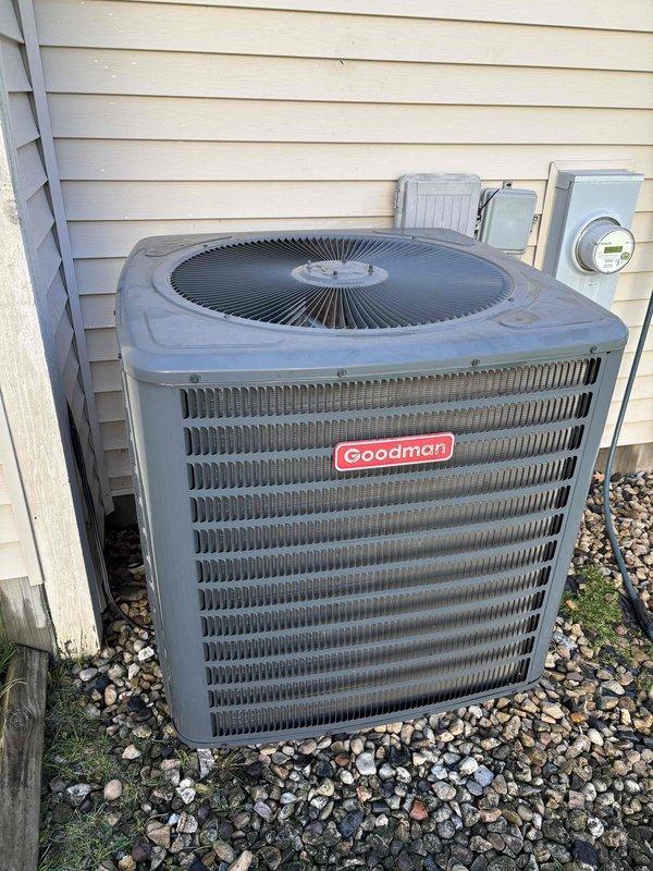 Completed routine air conditioning maintenance on Goodman residential unit. Performed comprehensive system inspection, cleaned condenser coils, verified proper airflow through louvers, and tested system performance using digital thermometer to confirm temperature differential across evaporator coil. All components operating within normal parameters with no issues identified.