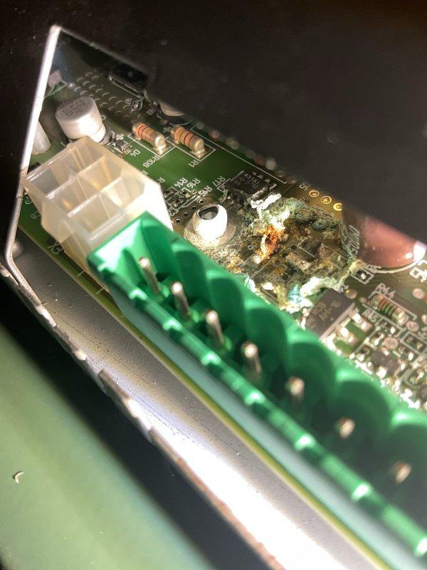 Responded to service call for boiler repair. Upon inspection, found the existing control board exhibited severe corrosion with yellowish-white crusty buildup across multiple solder joints and component areas, compromising system operation. Removed and replaced the failed control board with new unit. Reconnected all electrical connections to the new board, verified proper wiring configuration, and tested system operation to ensure boiler functionality was fully restored.