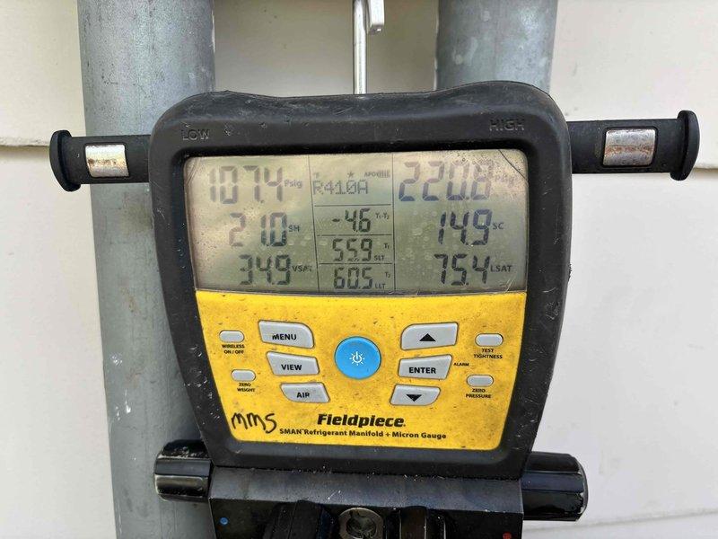 Responded to no cooling condition with Nest thermostat alerting to potentially urgent issue. Found high limit safety switch had tripped, preventing system operation. Performed thorough cleaning of affected components and verified proper system pressures and temperatures using refrigerant manifold gauges, confirming R410A refrigerant levels within normal operating parameters. System restored to normal cooling operation.