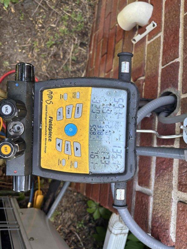 Completed scheduled A/C clean and check maintenance on older system. Performed diagnostic testing using digital manifold gauges to measure system pressures and temperatures, recording supply air temperature of 74.3°F and return air temperature of 73.8°F. System evaluated and quote provided for recommended repairs or replacement based on age and condition of equipment.