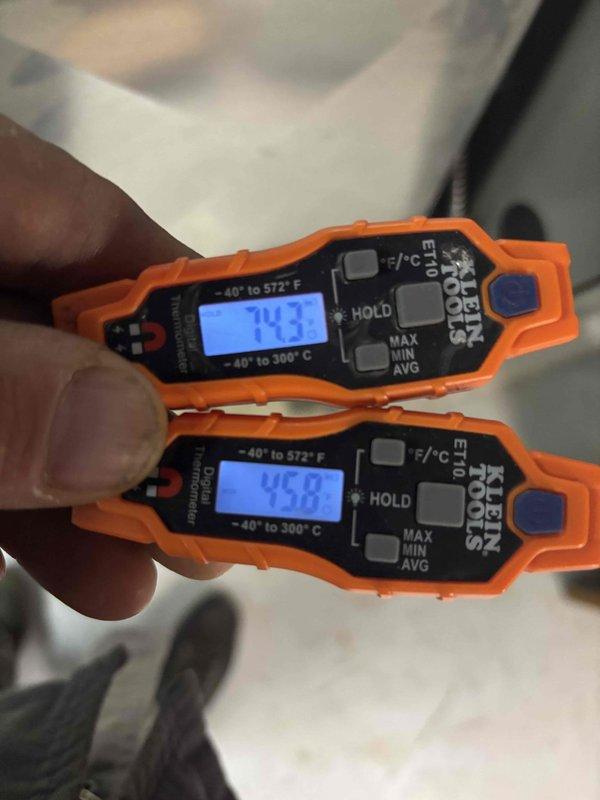Completed scheduled A/C clean and check maintenance on older system. Performed diagnostic testing using digital manifold gauges to measure system pressures and temperatures, recording supply air temperature of 74.3°F and return air temperature of 73.8°F. System evaluated and quote provided for recommended repairs or replacement based on age and condition of equipment.