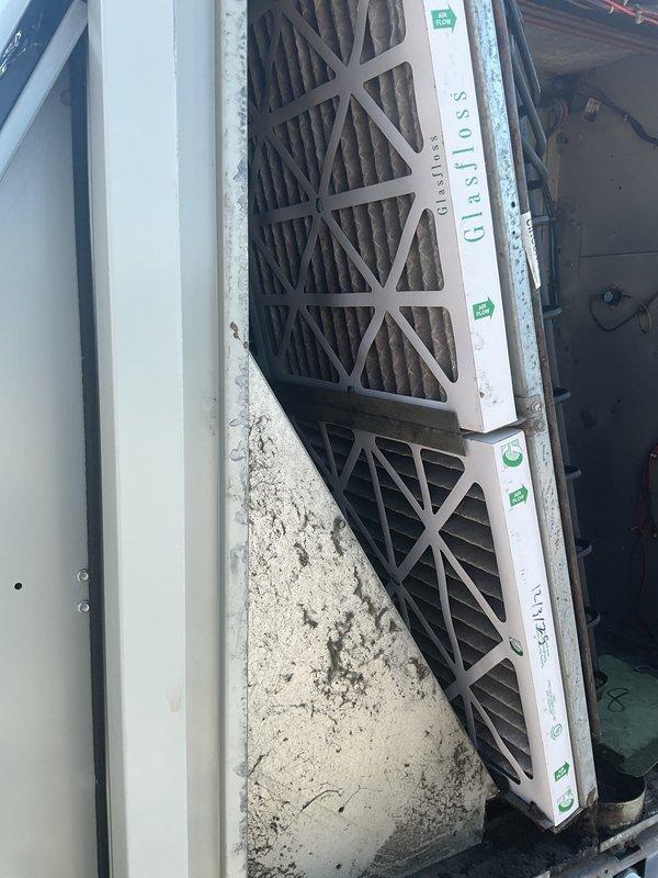 Responded to no cooling complaint at commercial restaurant location. Upon arrival, found rooftop package unit with restricted airflow due to dirty air filters. Removed and replaced HVAC air filters in both the air handler and rooftop unit with new NordicPure pleated filters. System airflow restored to normal operation, unit cooling properly upon departure.