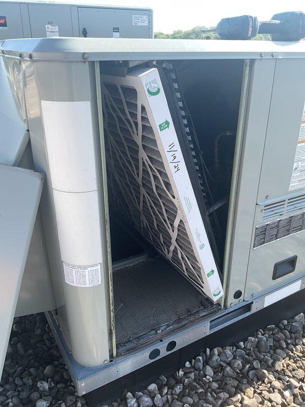 Responded to no cooling complaint at commercial restaurant location. Upon arrival, found rooftop package unit with restricted airflow due to dirty air filters. Removed and replaced HVAC air filters in both the air handler and rooftop unit with new NordicPure pleated filters. System airflow restored to normal operation, unit cooling properly upon departure.