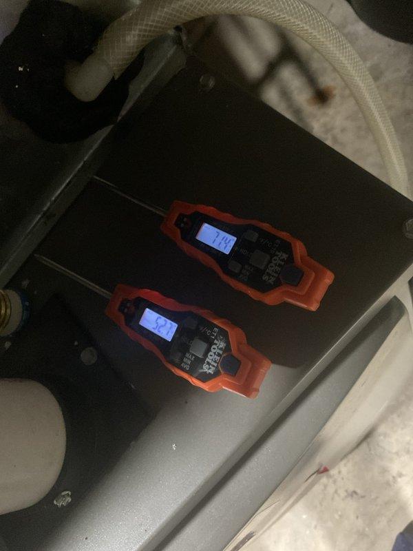 Completed scheduled AC clean and check maintenance on residential outdoor condensing unit. Performed comprehensive system diagnostics using digital testing instruments to verify electrical parameters and operational performance. All measurements indicated normal operating conditions with no issues identified. System operating properly upon completion of preventive maintenance service.