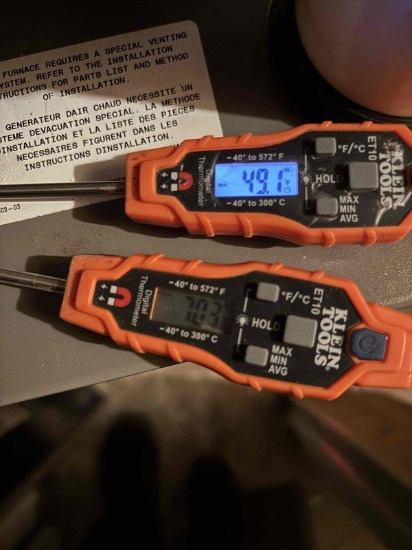 Responded to no-cooling complaint on recently installed air conditioning system. Upon arrival, confirmed thermostat fan operation but compressor would not engage. Diagnosed missing C-wire adapter as cause of insufficient power to thermostat for proper system communication. Installed C-wire adapter at equipment, connected wiring to appropriate terminals, and verified proper voltage supply. Tested system operation with supply air temperature reading of 49.1°F, confirming compressor engagement and adequate cooling performance. System restored to full functionality.