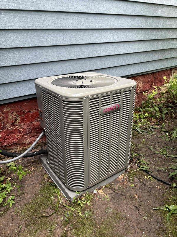 Performed comprehensive air conditioning clean and check on Lennox 13ACX-036-230-17 condenser unit. Found condenser coil heavily soiled with debris, restricting airflow and reducing heat transfer efficiency. Thoroughly cleaned condenser coil to restore proper operation and system performance.
