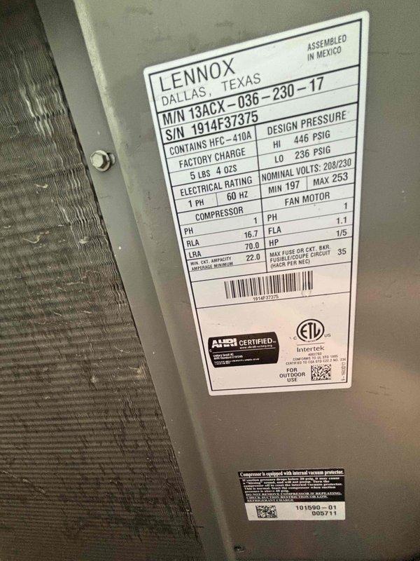 Performed comprehensive air conditioning clean and check on Lennox 13ACX-036-230-17 condenser unit. Found condenser coil heavily soiled with debris, restricting airflow and reducing heat transfer efficiency. Thoroughly cleaned condenser coil to restore proper operation and system performance.