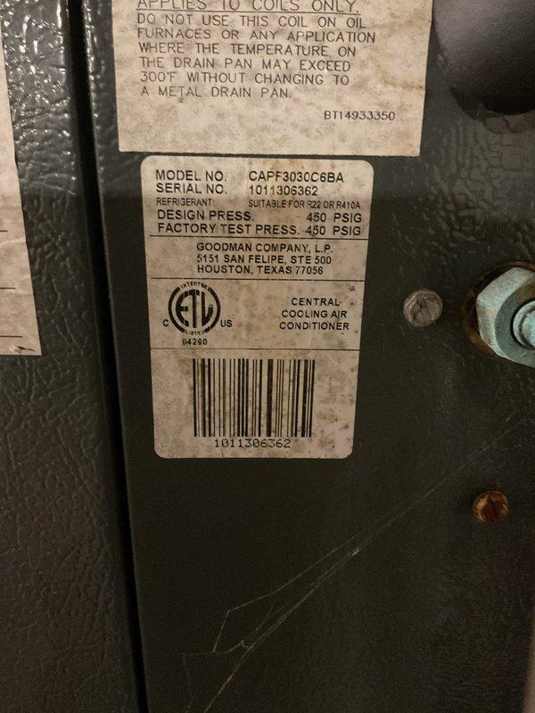 Responded to no cooling complaint on 20-year-old Goodman central air conditioning unit (Model CAPF303CC6BA). Upon inspection, found unit discharging air from top vent but failing to provide adequate cooling to conditioned space. Given the age of the equipment and operational deficiencies observed, recommended complete system replacement as most cost-effective solution.