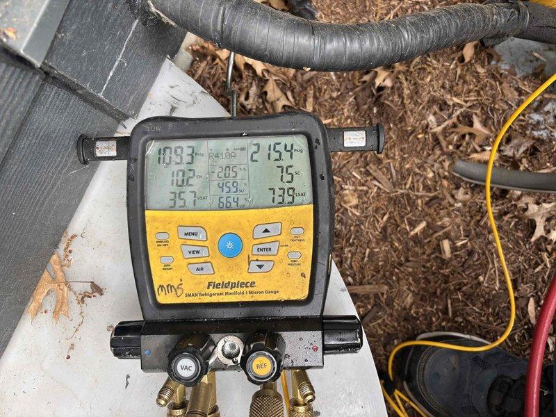 Completed scheduled air conditioning preventive maintenance and system performance evaluation. Performed comprehensive clean and check service including refrigerant pressure and temperature measurements using digital manifold gauges, verified system operating parameters, and documented ambient and system temperatures with clamp meters. All maintenance items inspected and found to be operating within normal parameters with no deficiencies noted.