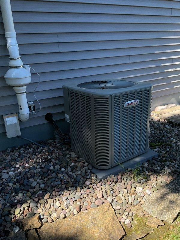 Responded to no-cooling call on Lennox system where thermostat had been incorrectly installed by another party. Found improper wiring at both indoor air handler and outdoor condensing unit that prevented air conditioning operation. Corrected all wiring connections per manufacturer specifications, verified proper thermostat communication, and successfully tested both heating and cooling modes to confirm full system functionality.