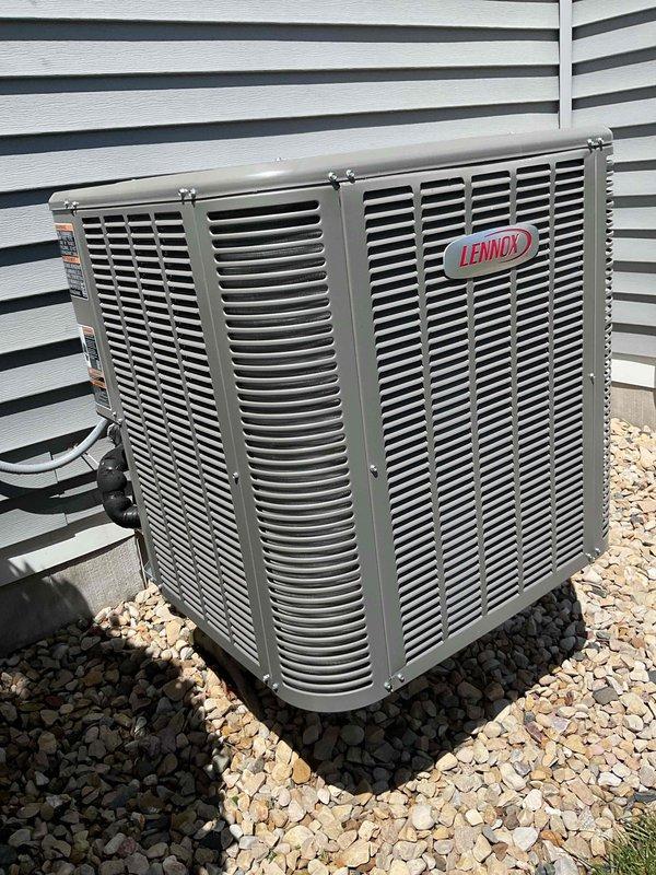 Performed routine maintenance on a Lennox 454B outdoor condensing unit. Completed thorough cleaning of condenser coils, inspected refrigerant lines and electrical connections, and verified proper airflow through louvers. Unit found to be in excellent operating condition with no deficiencies noted.