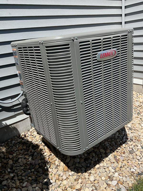 Performed routine maintenance on a Lennox 454B outdoor condensing unit. Completed thorough cleaning of condenser coils, inspected refrigerant lines and electrical connections, and verified proper airflow through louvers. Unit found to be in excellent operating condition with no deficiencies noted.