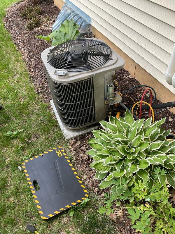 Responded to a no-cooling complaint on a 9-year-old residential air conditioning system. Upon diagnosis, identified a failed starting capacitor preventing the compressor from operating properly, which caused the system to run continuously without achieving adequate cooling. Replaced the defective starting capacitor with a new unit, restoring proper compressor function and cooling capacity to the system.