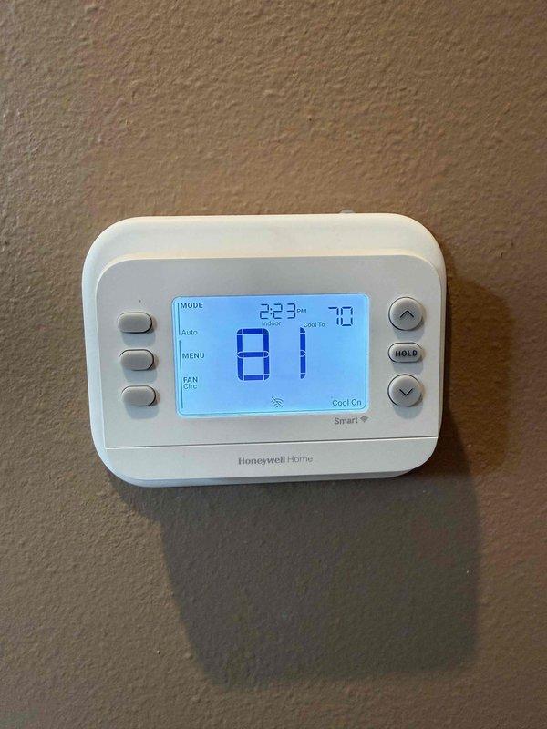 Responded to no cooling call after customer attempted thermostat installation. Diagnosed faulty thermostat preventing air conditioning system operation. Removed defective unit and installed new Honeywell Home programmable smart thermostat. Verified proper wiring connections, configured system settings, and confirmed cooling cycle engaged successfully with unit operating normally at departure.