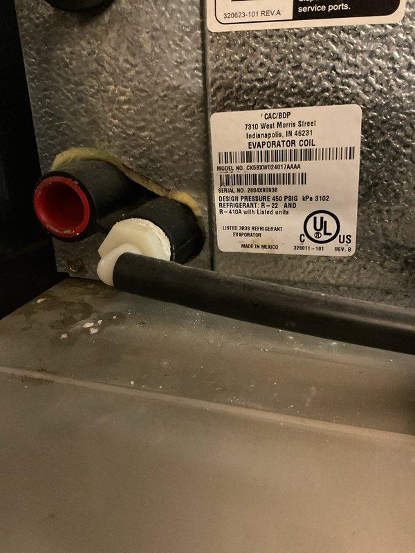 Completed preventive maintenance and cleaning on a 20-year-old residential air conditioning system with R-22 refrigerant. Performed thorough inspection of evaporator coil (Model CNBSXW024017AAAA), cleaned accessible components, verified system operation, and documented equipment condition with photos for service records.