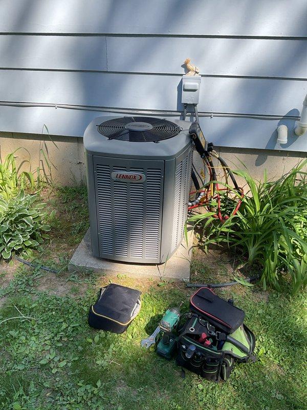 Performed initial startup and commissioning on newly installed Lennox air conditioning system following winter installation. Verified system pressures and temperatures using refrigerant manifold gauge, confirmed proper refrigerant charge levels, and tested all operational parameters to ensure unit is functioning within manufacturer specifications.
