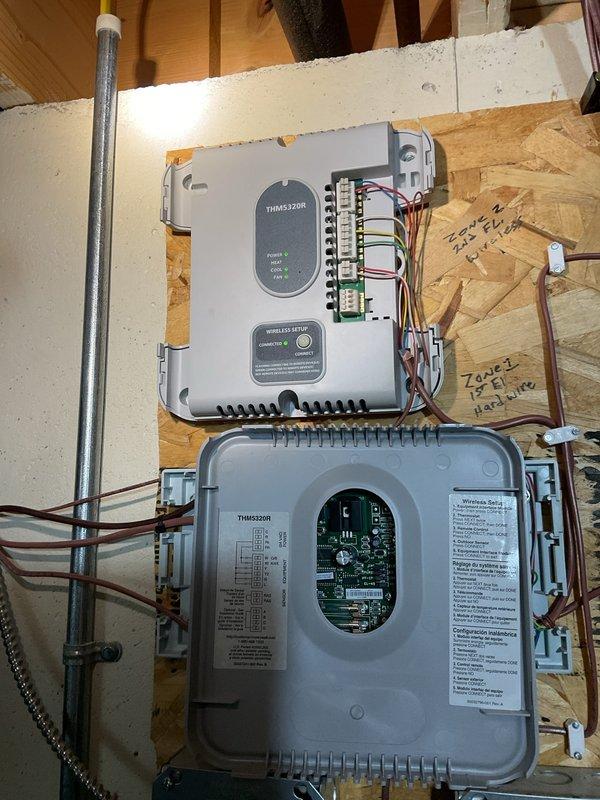 Responded to service call for malfunctioning zone control system where only one floor would cool at a time, requiring manual thermostat switching between upper and lower zones. Upon inspection, diagnosed issue with zone control panel and damper coordination. Inspected dual-zone control system including THMS220R and THM3320R zone controllers, verified wiring connections at terminal blocks, and tested communication between thermostats and zone dampers. Recalibrated zone control settings to allow simultaneous operation of both zones. Performed complete system clean and check including inspection of all electrical connections, circuit boards, and control panels. Verified proper operation of Honeywell and Aprilaire components. Tested system operation across both zones to confirm proper cooling functionality and thermostat response. System restored to normal multi-zone operation with both floors cooling independently as designed.