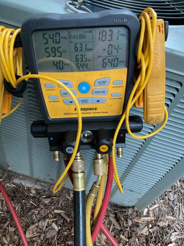 Responded to no cooling complaint on residential air conditioning system. Upon arrival, verified unit was not producing cool air. Diagnostic testing revealed complete refrigerant loss in 2008 system. Due to age of equipment and extent of refrigerant leak, recommended and completed full system replacement. Installed new air conditioning unit, evacuated system, and charged to manufacturer specifications. Verified proper operation of new equipment with digital manifold gauges showing appropriate pressures and temperatures. Confirmed thermostat communication and cooling cycle functionality before departure.