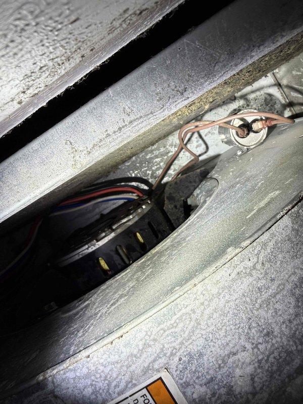 Performed comprehensive cleaning service on mobile home furnace system due to heavily soiled components affecting airflow and efficiency. Evaporator coil exhibited significant dust and debris accumulation with visible frost buildup on metal surfaces, indicating restricted airflow and potential temperature differential issues. Blower motor and housing showed extensive dirt contamination on all surfaces. Utilized shop vacuum and specialized coil cleaner to thoroughly clean evaporator coil fins and blower motor assembly, removing all accumulated dust, dirt, and debris. System components restored to proper operating condition with improved airflow capability.