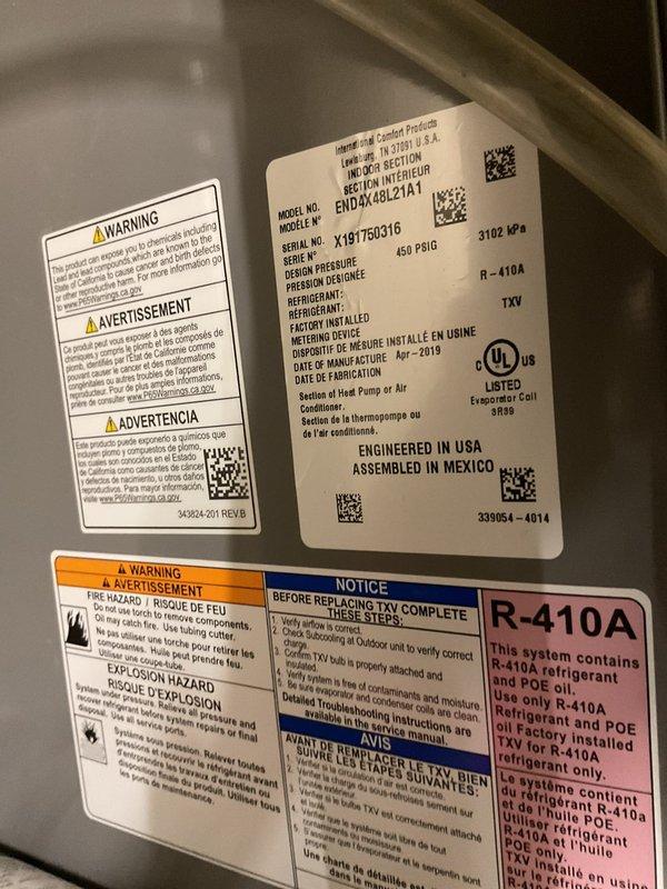 Responded to no cooling complaint on rooftop A/C unit. Upon inspection, diagnosed failed compressor on older R-410A system (Model ENDMA48L21A1). Unit unable to maintain consistent temperature due to compressor failure. Documented equipment nameplate data and electrical panel configuration for replacement recommendations.