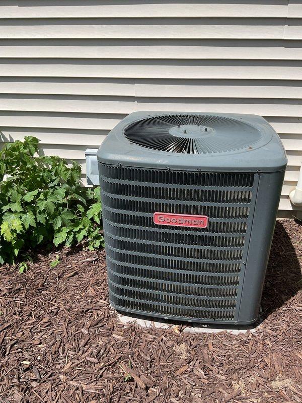 Performed comprehensive cleaning and check on older Goodman air conditioning system. Inspected outdoor condenser unit, verified proper clearance around equipment, and confirmed heat exchanger coils and fan grille are in functional condition with no visible damage or excessive wear. Customer inquired about fresh air filter status during visit.