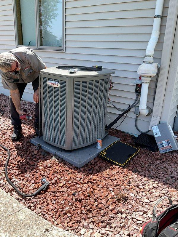 Completed comprehensive air conditioning clean and check service on Lennox outdoor condensing unit as scheduled return visit. Performed thorough system inspection, cleaned condenser coils, verified refrigerant levels, and tested all electrical connections and components. Additionally completed fireplace cleaning service. All systems operating within normal parameters with no issues identified.