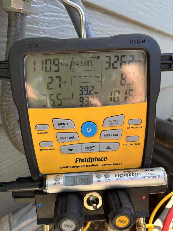 Performed comprehensive air conditioning clean and check service. Found condenser coil heavily soiled with debris, restricting airflow and reducing system efficiency. Thoroughly cleaned condenser coil to restore proper heat transfer. Verified system pressures and temperatures using refrigerant manifold gauges, confirming proper refrigerant charge and superheat levels. Measured electrical parameters with multimeter to ensure safe operating conditions. System operating within manufacturer specifications upon completion.