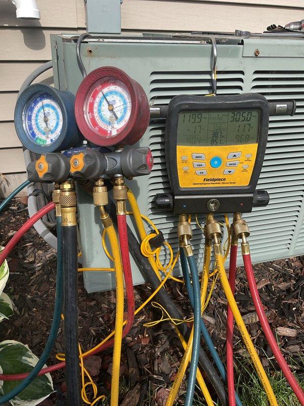 Responded to no cooling complaint on 22-year-old system. Upon inspection, found unit low on R-22 refrigerant with insufficient system pressures for proper operation. Performed clean and check service on outdoor condensing unit, including inspection of electrical components and connections. Connected manifold gauge set and confirmed refrigerant charge was significantly below manufacturer specifications. Customer also reported intermittent operation issues and blower motor concerns on furnace, which showed signs of age-related strain. System pressures remained inadequate after cleaning despite service attempts, indicating substantial refrigerant loss requiring further evaluation and repair to restore cooling capacity.