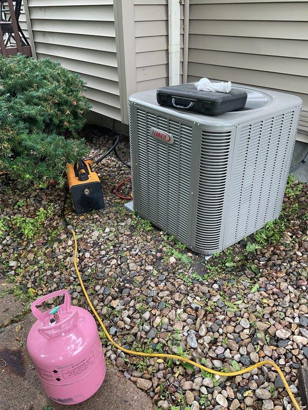 Diagnosed failed compressor on residential air conditioning system. Removed and replaced defective compressor unit along with line dryer to ensure system integrity and prevent future contamination. System restored to full operational status.