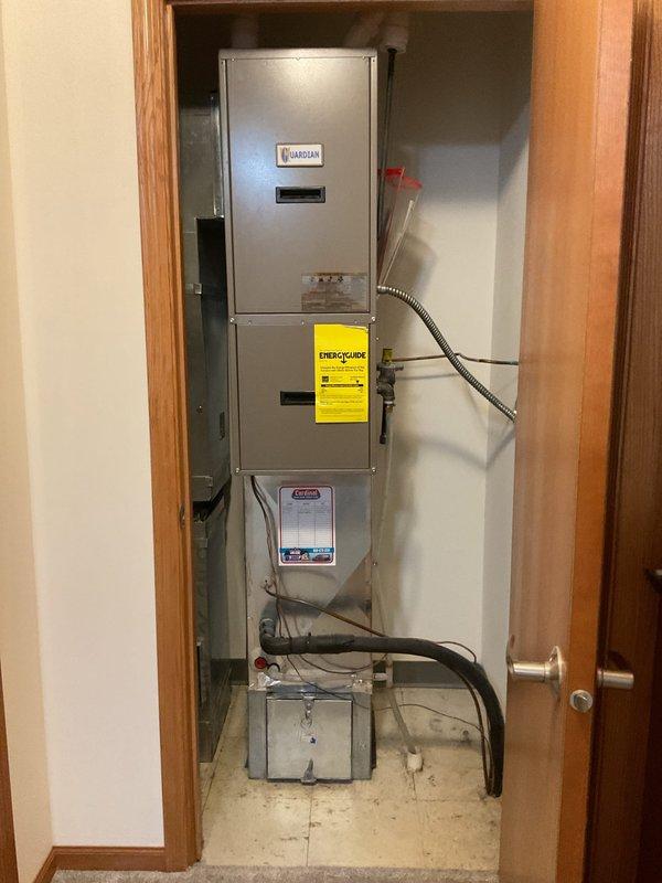 Completed routine preventative maintenance on residential cooling system as part of prepaid maintenance agreement. Performed comprehensive clean and check on Amana outdoor condensing unit and Guardian indoor air handler. Inspected all system components, verified proper operation, and cleaned equipment to ensure optimal performance for the cooling season.