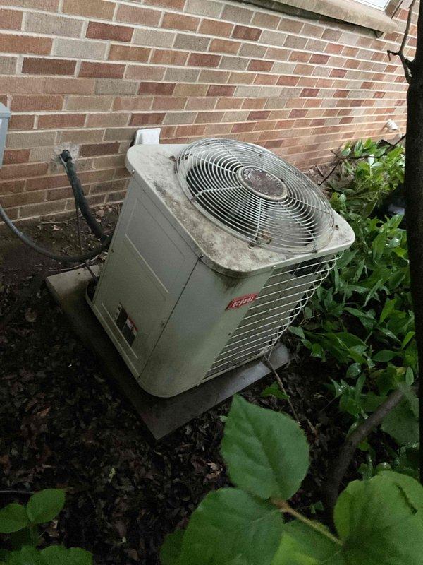 Responded to a no cooling complaint on a 15-year-old residential air conditioning system. Upon inspection, diagnosed low refrigerant charge as the cause of inadequate cooling throughout the home. The outdoor condenser unit showed significant age-related wear and weathering consistent with its service life. Given the system's age and the cost of repair versus replacement, recommended full system replacement rather than recharging the existing unit.