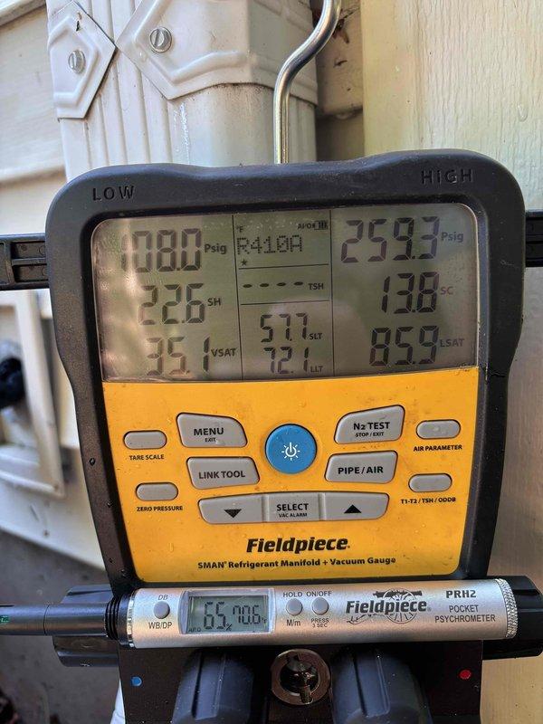 Performed seasonal A/C clean and check on residential condensing unit prior to cooling season startup. Found condenser coil heavily soiled with dirt and debris accumulation. Thoroughly cleaned condenser coil interior and exterior surfaces, removed debris from unit housing, and verified proper airflow through louvered panels. Checked system pressures and temperatures using manifold gauges, confirming refrigerant charge and system operation within manufacturer specifications. Unit operational and ready for cooling season.